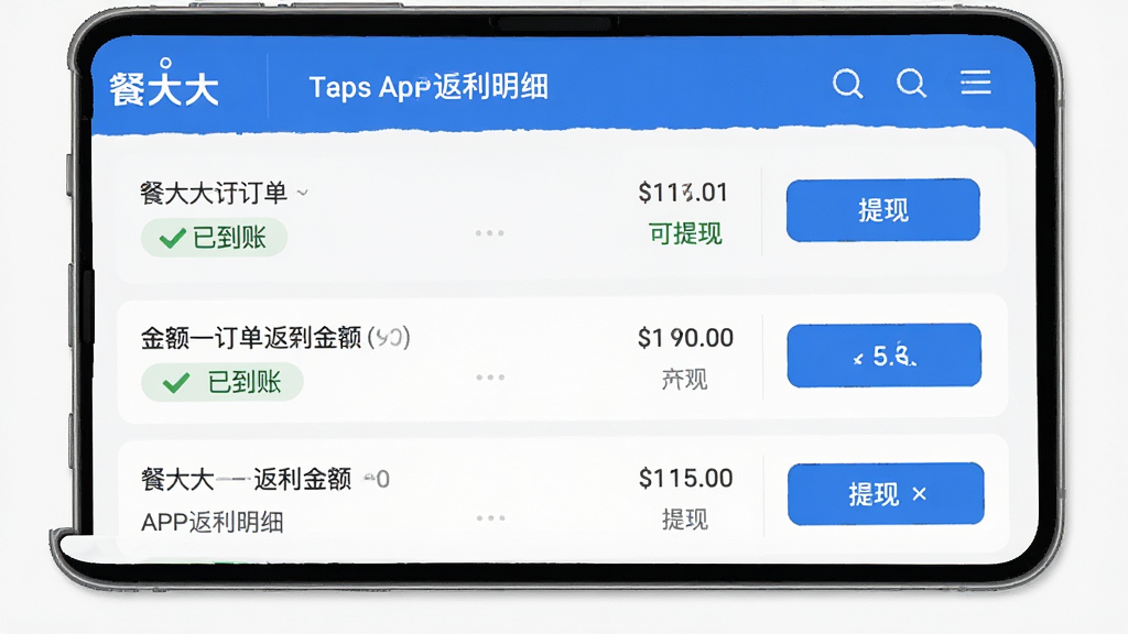 主体:餐大大APP返利明细界面,展示订单金额、返利金额和提现按钮;布局:列表式设计,每笔订单清晰排列;排版:数据对齐,一目了然;风格:简约商务,蓝色与白色搭配;细节:显示“已到账”、“可提现”状态,背景为浅灰色;画质:高清干净,无多余元素