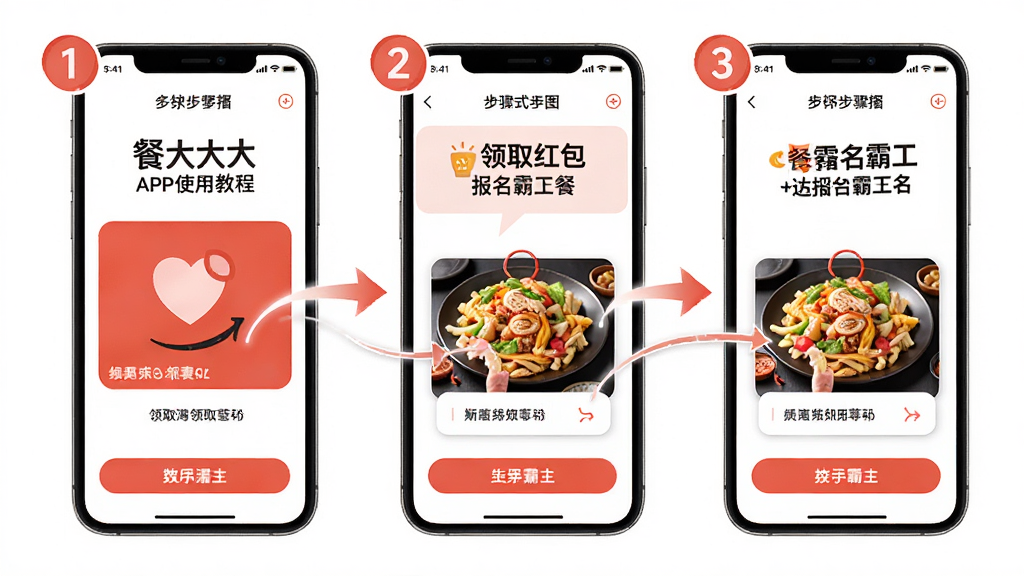 主体:餐大大APP使用教程示意图,手机屏幕展示如何领取红包和报名霸王餐;布局:步骤式图解,分为三个小图;排版:清晰标注序号;风格:教学风,简洁明了;细节:每个步骤有箭头指引,背景为白色;画质:高清,干净,无多余元素