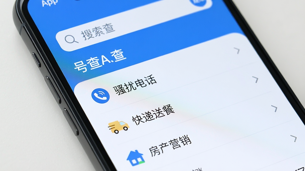 一张智能手机屏幕特写,屏幕正中间显示号查查APP的主界面,上方是搜索框,下方列表展示着“骚扰电话”、“快递送餐”、“房产营销”等分类标记,界面风格简洁清晰,蓝色主色调,画质干净,无多余元素,突出“号查查”APP名称。