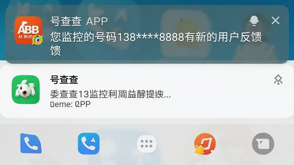 一张手机通知栏截图,顶部有一条来自号查查APP的推送通知,内容为“您监控的号码138****8888有新的用户反馈”,背景是简洁的安卓系统界面,信息层级分明,突显“号查查”的监控提醒功能。