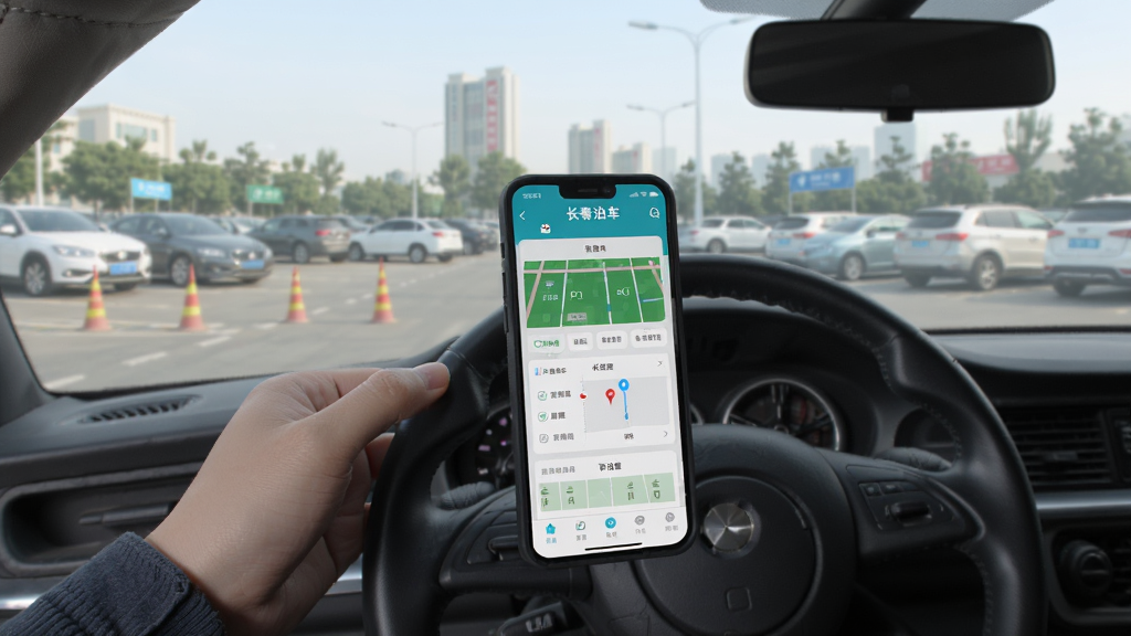 长春泊车App使用场景图,一位车主正使用手机查看停车位信息,手机屏幕上显示长春泊车界面,背景为长春街头的停车场,画面自然,画质清晰。