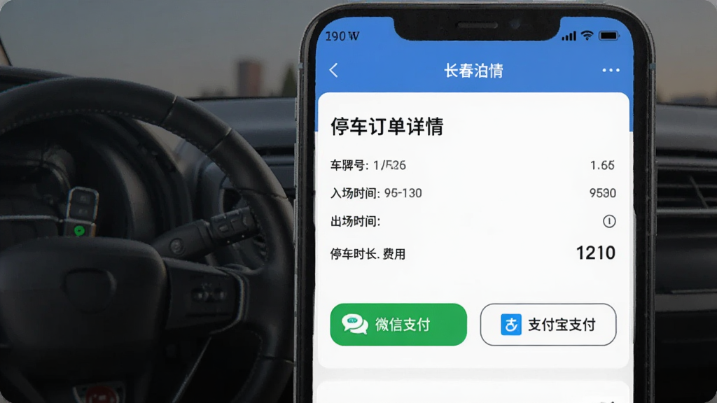 长春泊车App无感支付功能预览图,界面展示一笔停车订单详情,包括车牌号、入场时间、出场时间、停车时长和费用,下方有“微信支付”和“支付宝支付”按钮,整体风格干净整洁,画质清晰。