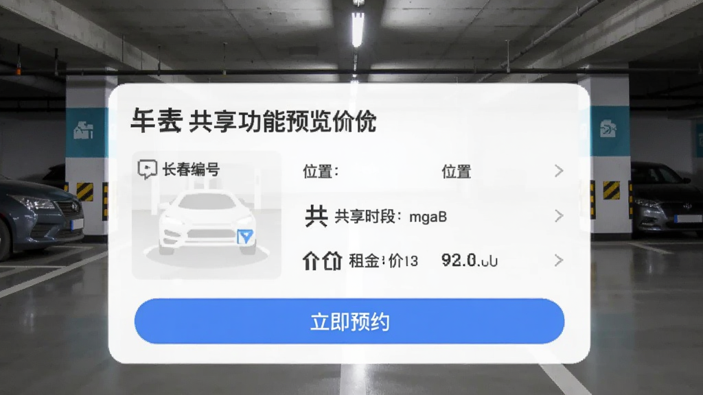 长春泊车App车位共享功能预览图,界面展示一个空闲车位的信息,包括车位编号、位置、共享时段和租金价格,有“立即预约”按钮,背景为地下停车场场景,画质干净。