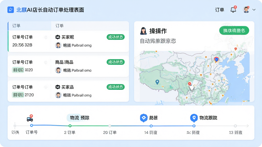 主体:北麒AI店长自动订单处理界面,显示订单列表和物流跟踪地图。布局:左侧订单列表,右侧订单详情及操作按钮,底部为物流轨迹时间线。排版:卡片式信息展示,订单状态用彩色标签区分。风格:清爽商务风,浅蓝色背景,白色卡片,绿色代表成功状态。细节:订单号、买家昵称、商品信息清晰可见,物流轨迹以图标和文字形式展示。画质:高清,干净,无多余元素。