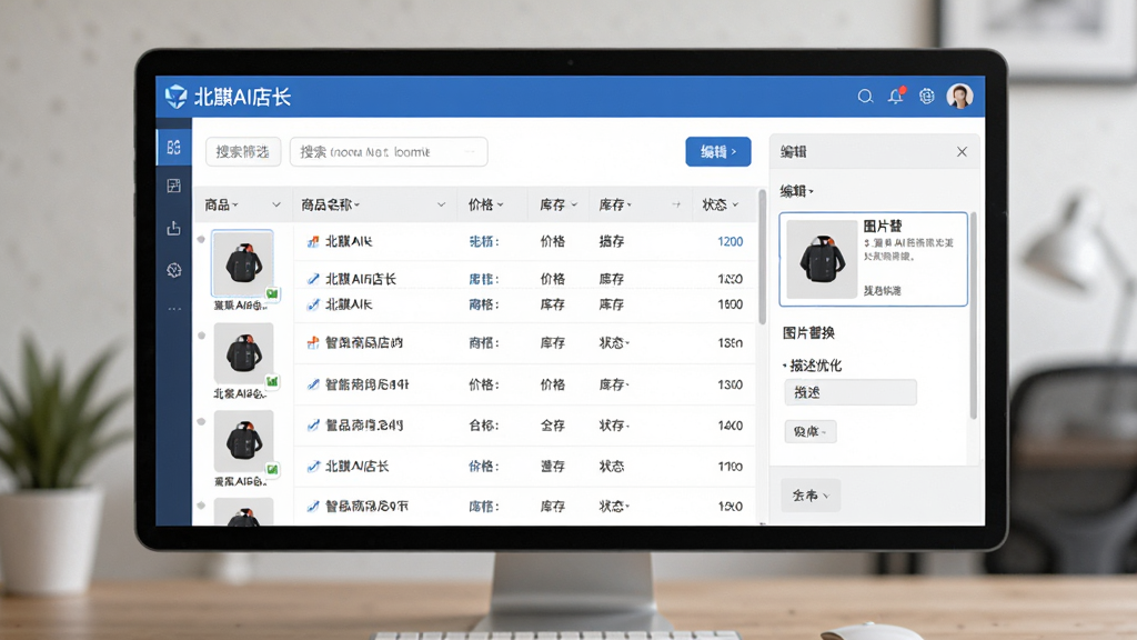 主体:北麒AI店长智能商品管理界面,展示商品批量编辑页面,左侧是商品列表缩略图,右侧是编辑面板。布局:上下结构,上方为搜索筛选栏,下方为商品数据表格。排版:表格形式清晰展示商品名称、价格、库存、状态等信息,编辑面板包含图片替换、描述优化选项。风格:简洁商务风,蓝色和灰色搭配,界面以白色为底。细节:屏幕上显示“北麒AI店长”标识,编辑框内有商品图片和文字说明,桌面背景虚化。画质:高清,干净,无多余元素。