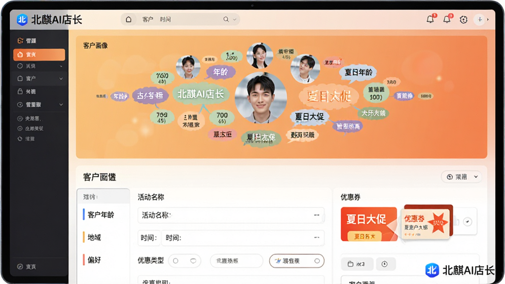 主体:北麒AI店长客户营销界面,展示营销活动创建页面和客户画像分析图。布局:上半部分为客户画像标签云,下半部分为活动配置表单。排版:图形化展示客户年龄、地域、偏好等数据,表单包含活动名称、时间、优惠类型选项。风格:现代简约风,暖色调背景,数据可视化图形美观。细节:活动名称示例为“夏日大促”,优惠券样图展示,屏幕一角有“北麒AI店长”Logo。画质:高清,干净,无多余元素。