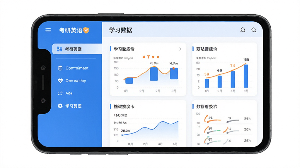考研英语App主界面展示,左侧为功能导航栏,右侧为学习数据看板,整体采用蓝白配色,扁平化设计风格,界面干净整洁,画质清晰,无多余元素