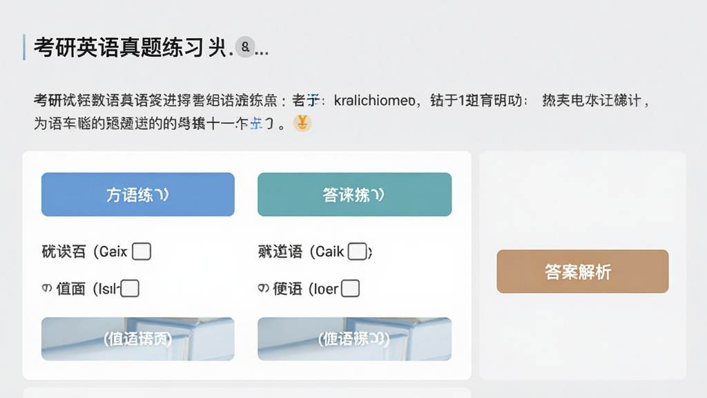 考研英语真题练习页面,上方显示题目内容,下方为选项按钮,右侧有答案解析按钮,背景为浅灰色,排版简洁,画质高清,无多余元素