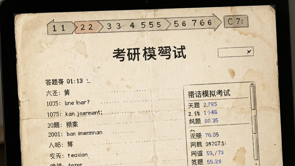 考研英语模拟考试界面,显示考试倒计时与答题卡,顶部有题目序号导航,背景为米黄色纸张质感,风格仿纸质试卷,画质细腻,无多余元素