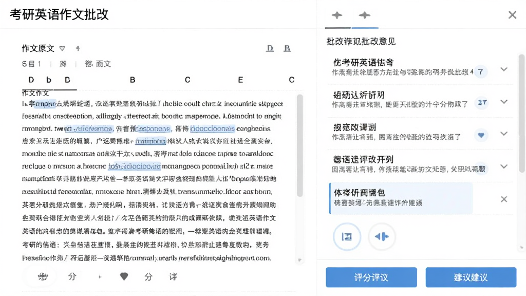 考研英语作文批改界面,左侧为作文原文,右侧为批改意见列表,底部有评分与建议按钮,整体采用分栏式布局,背景为白色,风格专业,画质干净,无多余元素