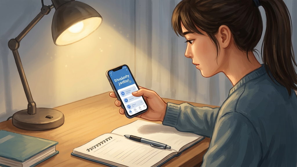 考研英语使用场景插画,一位学生坐在书桌前,用手机App学习英语,桌上放着笔记本和笔,背景为温馨的台灯灯光,风格写实,画质清晰,无多余元素