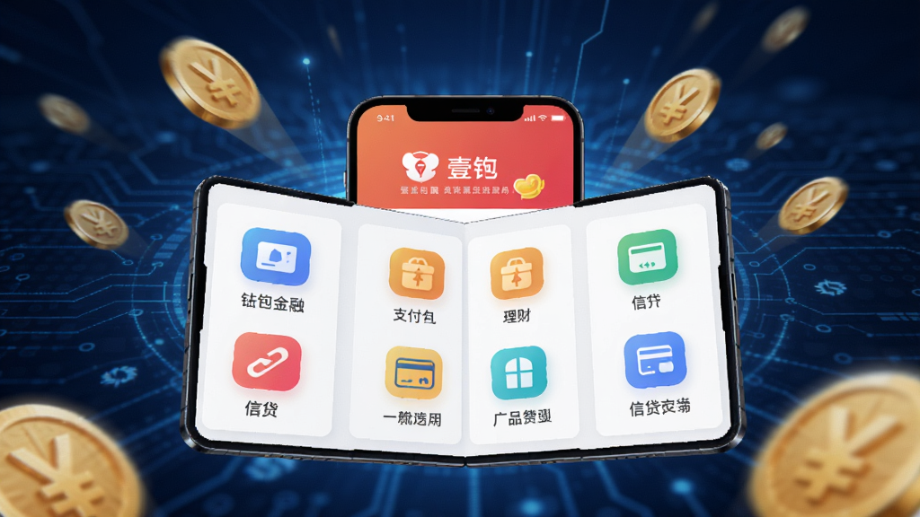 一幅数字金融概念图,前景是壹钱包应用界面展开,显示支付、理财、信贷等模块图标,背景为抽象的蓝色科技线条和金币符号,布局居中,风格科技感,细节丰富,高画质,干净无多余元素