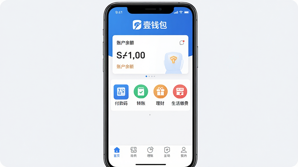一张智能手机屏幕展示壹钱包应用主界面,界面顶部显示“壹钱包”品牌标识,中间是账户余额卡片和主要功能图标(如付款码、转账、理财、生活缴费),底部导航栏清晰,整体风格简洁现代,蓝白配色,高画质,干净无多余元素