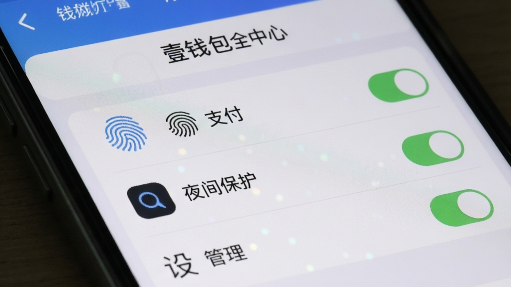 一幅手机截屏风格图片,显示壹钱包的安全中心界面,包含指纹支付、夜间保护、设备管理等功能开关,背景为设置界面,布局清晰,风格写实,细节丰富,高画质,干净无多余元素