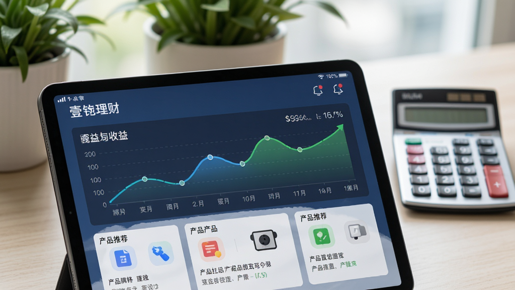 一幅理财规划场景图,前景是一台平板电脑显示壹钱包理财页面,包含收益曲线和产品推荐卡片,背景是绿植和计算器,布局自然,风格写实,细节丰富,高画质,干净无多余元素