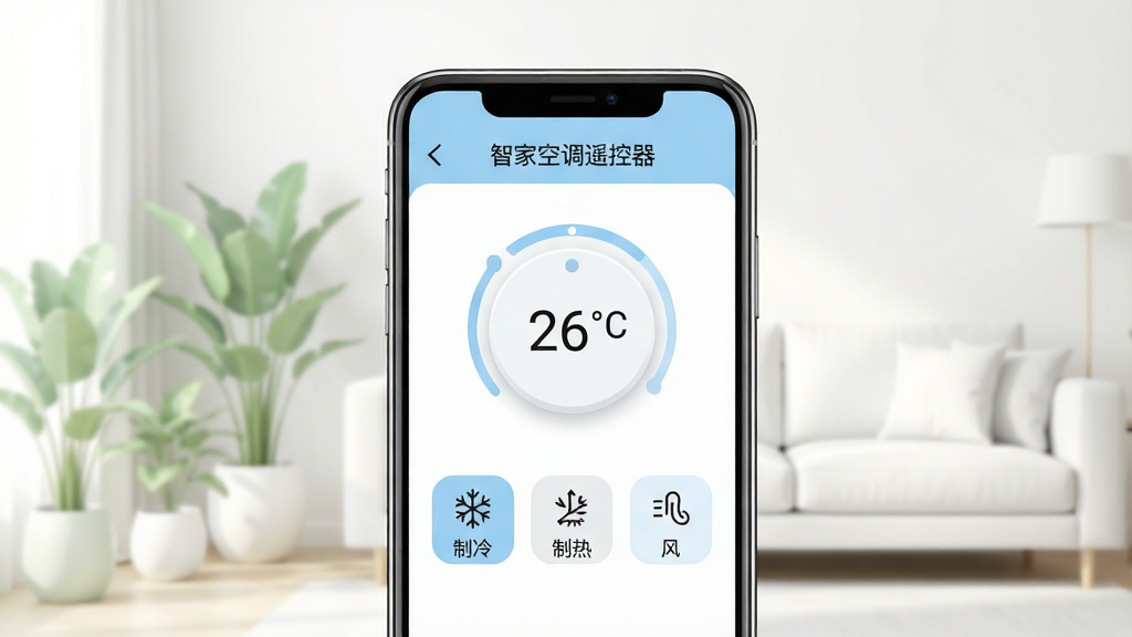 主体:一部智能手机屏幕显示“智家空调遥控器”主界面,背景是简约明亮的现代客厅。布局:手机屏幕居中,界面展示温度调节旋钮、模式选择按钮和风速图标,周围有柔和的浅绿色植物和白色沙发。排版:手机屏幕上的UI元素整齐排列,文字标签清晰。风格:扁平化设计,色彩清新,以白色和淡蓝色为主。细节:屏幕中显示“智家空调遥控器”字样,温度数字为“26℃”,有“制冷”、“制热”等模式图标。画质:高清渲染,干净无多余元素。