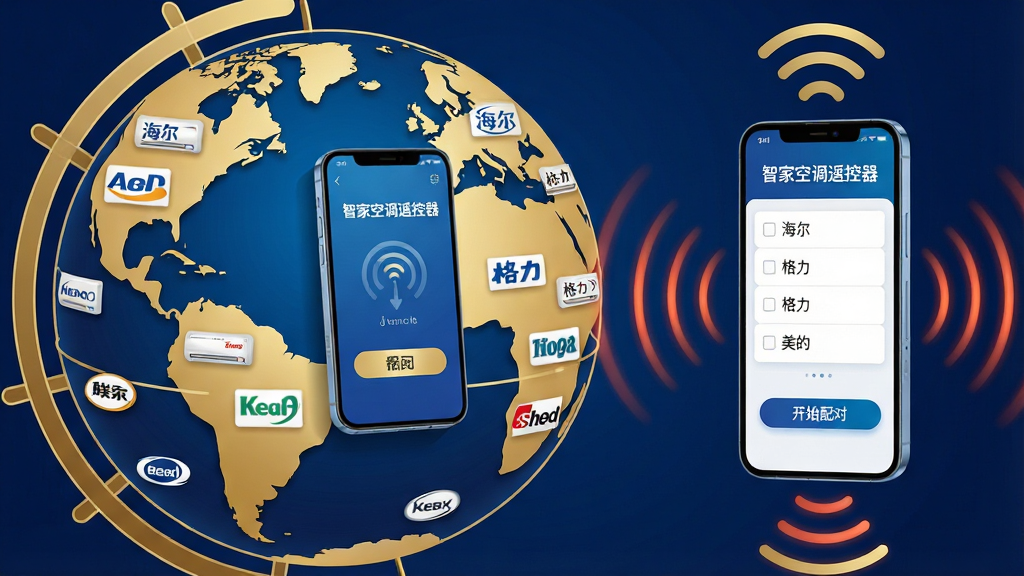 主体:一个巨大的地球仪,表面分布着众多空调品牌标志,中心位置悬浮着一部手机,屏幕显示“智家空调遥控器”配对界面。布局:地球仪占据画面左侧,手机在右侧,周围有Wi-Fi信号和红外波纹扩散。排版:手机屏幕上有“海尔”、“格力”、“美的”等品牌列表。风格:科技感插画,深蓝背景,金色线条勾勒。细节:手机屏幕中显示“智家空调遥控器”字样,下方有“开始配对”按钮。画质:高细节,干净,无多余元素。
