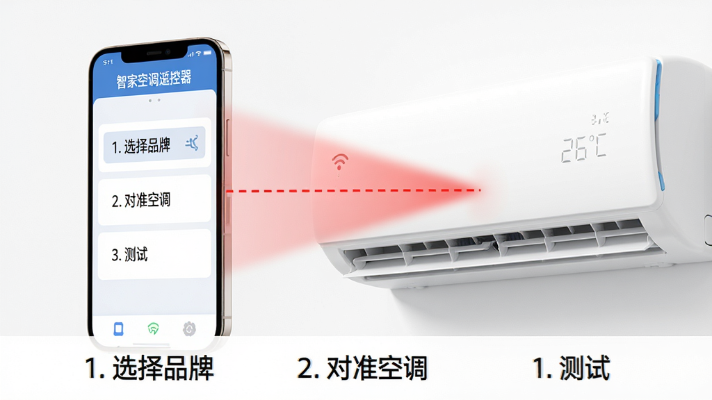 主体:一部手机与一台空调室内机之间发射红外线信号,手机屏幕显示“智家空调遥控器”使用指南界面。布局:手机在左侧,空调在右侧,中间有红色虚线表示红外光束,底部有步骤说明文字。排版:手机屏幕上显示“1. 选择品牌”、“2. 对准空调”、“3. 测试”等步骤。风格:3D渲染,光线效果,白色背景。细节:手机屏幕中有“智家空调遥控器”字样,空调上显示“26℃”温度。画质:高分辨率,干净无多余元素。