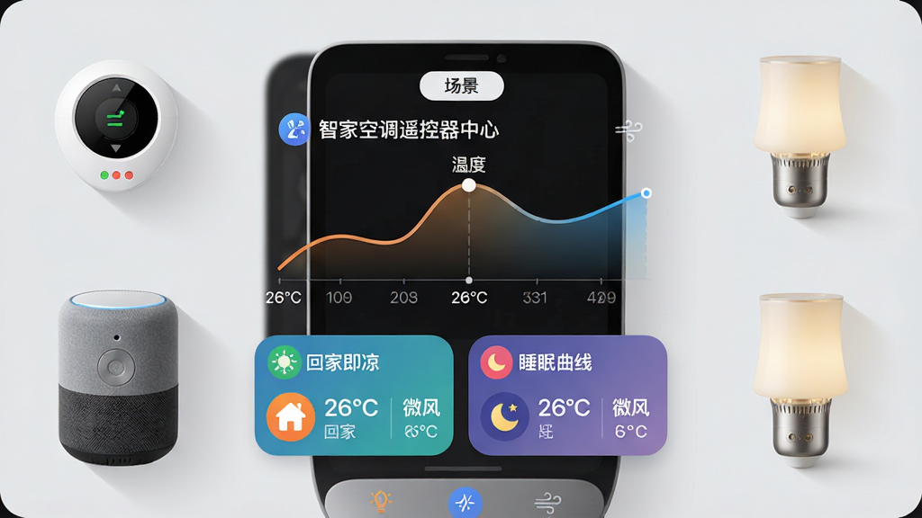 主体:一个智能家居控制中心画面,中央为“智家空调遥控器”应用界面,周围环绕着温度传感器、智能音箱和灯光。布局:界面顶部有“场景”标签,中间是时间轴,底部是“回家”和“睡眠”两个场景卡片。排版:时间轴采用曲线图展示温度变化,场景卡片为圆角矩形。风格:现代简约,浅灰背景,彩色图标。细节:卡片上显示“回家即凉”、“睡眠曲线”文字,以及“26℃”、“微风”等参数。画质:清晰明亮,干净无多余元素。