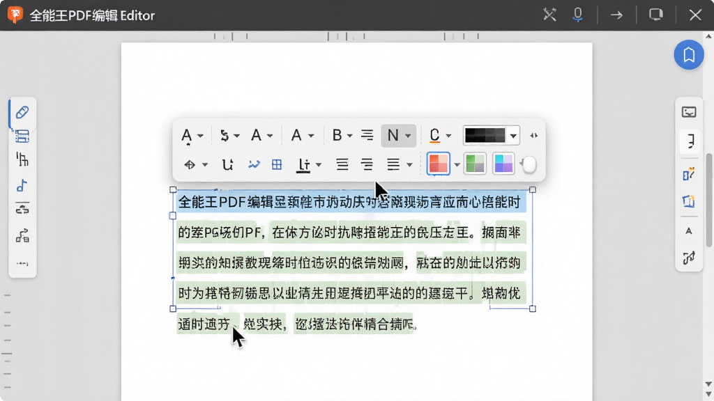主体:全能王PDF编辑器正在编辑PDF文档,光标选中一段文字,弹出编辑工具栏。布局:文档页面居中,四周有编辑工具按钮。排版:编辑工具栏悬浮在文字上方。风格:真实操作场景模拟。细节:文字高亮显示,工具栏包含字体、字号、颜色选项。画质:清晰细腻,干净,无多余元素。