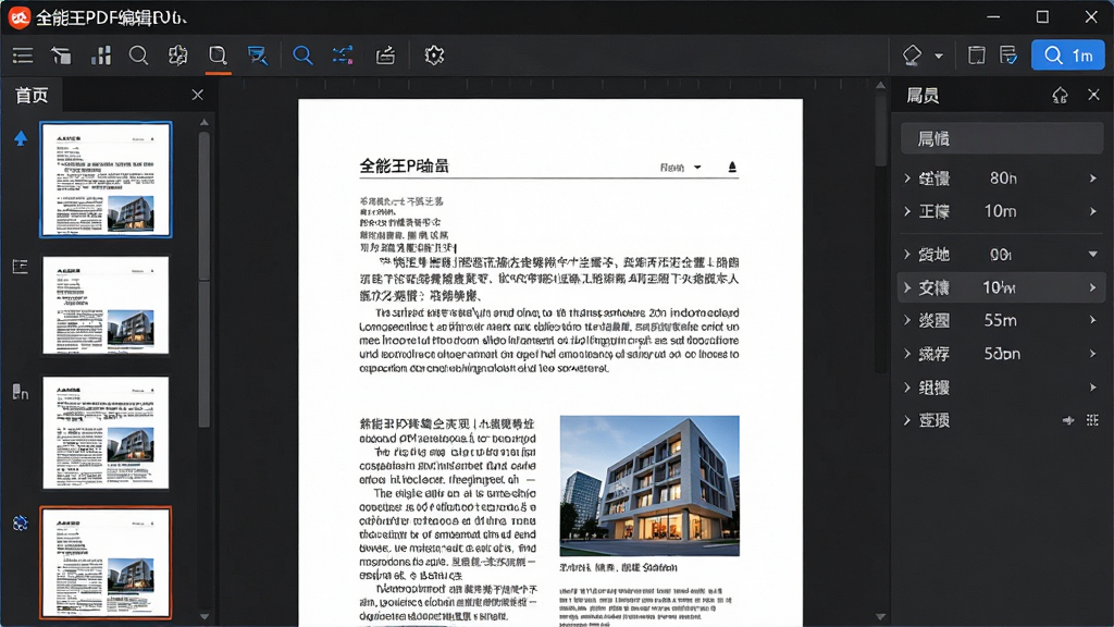 主体:全能王PDF编辑器软件主界面展示,左侧为缩略图导航栏,中间为文档编辑区,右侧为工具属性面板,顶部为菜单工具栏。布局:清晰的三栏式布局,整体风格现代简约。排版:工具图标排列整齐,色彩搭配专业。风格:科技感与商务感结合。细节:文档页面显示清晰的文字和图片,工具栏图标精致。画质:高清晰度,干净,无多余元素。