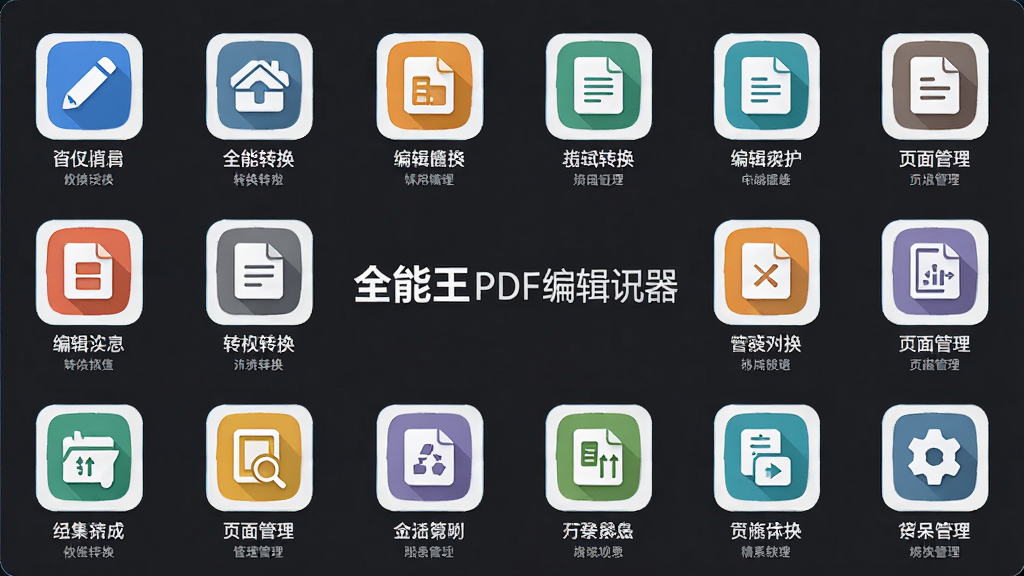 主体:全能王PDF编辑器的功能集成界面,显示编辑、转换、页面管理等模块图标。布局:功能图标以网格状排列,中心为软件名称。排版:图标下方有中文标签。风格:扁平化设计,色彩明快。细节:每个图标下方带有小字说明,界面整洁。画质:高清渲染,干净,无多余元素。
