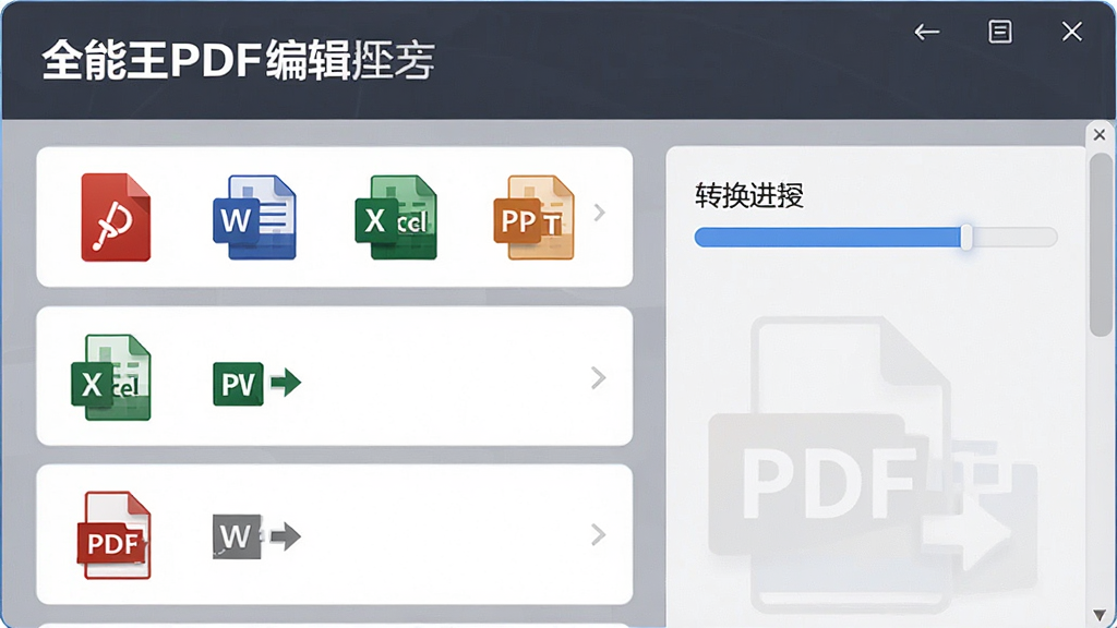 主体:全能王PDF编辑器格式转换界面,显示PDF转Word、Excel、PPT等图标。布局:转换选项以列表形式排列,右侧为转换进度条。排版:简洁明了。风格:商务简约。细节:每个转换选项前有对应文件格式的图标。画质:高清,干净,无多余元素。