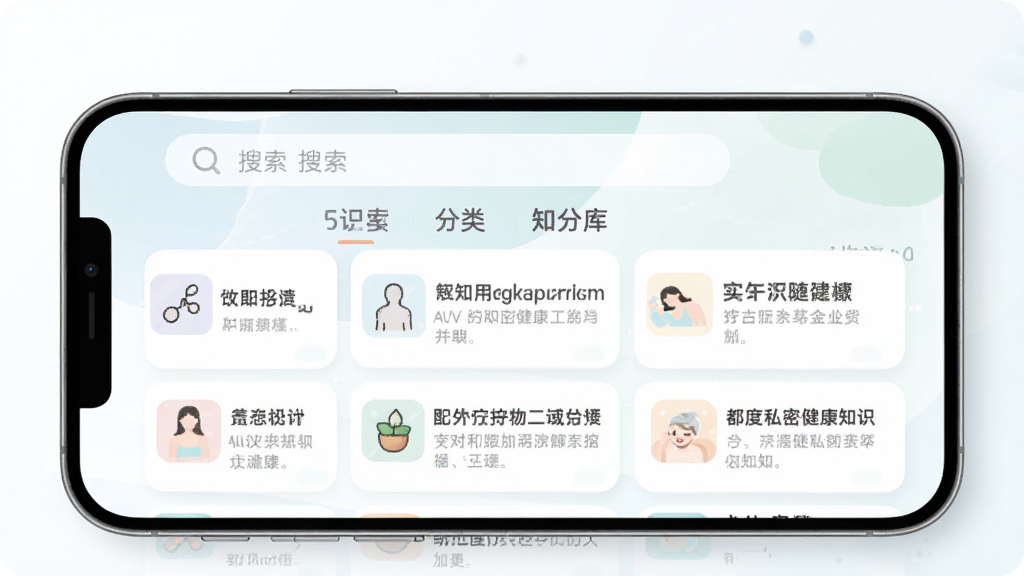 女生私密健康知识库界面展示图,主体为手机屏幕显示文章列表与分类标签。布局上方为搜索栏,下方为卡片式文章条目,配有小图标。排版简洁易读,风格清新淡雅,细节包含柔和色彩与圆角设计,画质干净。