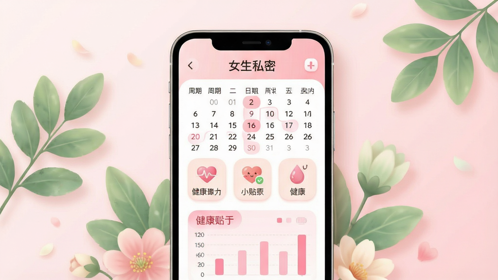 一幅温馨的女性私密健康应用宣传图,主体为手机屏幕展示“女生私密”应用界面,屏幕中有日历周期标记、健康小贴士图标和粉色系图表。布局以手机居中,周围环绕柔和的绿叶与花朵元素,背景浅粉渐变。排版简洁清晰,界面图标圆润可爱。风格清新治愈,细节包含细腻的光影与柔和色彩,画质干净无多余元素。