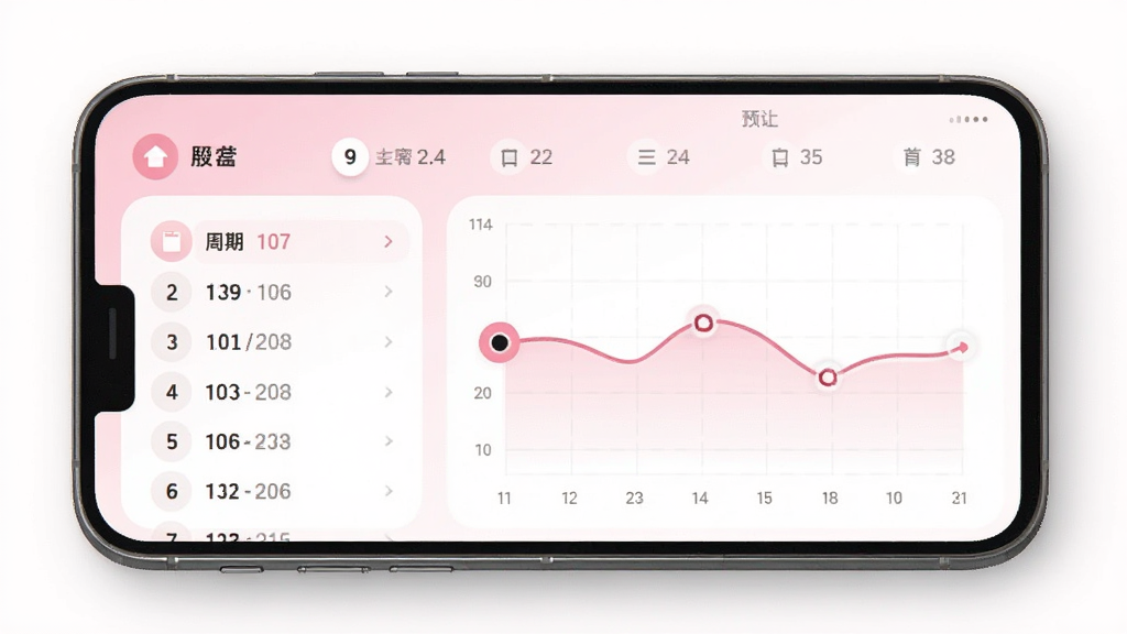 女生私密应用周期记录功能预览图,主体为手机屏幕显示粉色日历与周期预测曲线。布局以手机界面为主,左侧有日期列表,右侧为折线图。排版整洁,重点高亮当前日期。风格现代简约,细节包含圆角图标与柔和阴影,画质清晰干净。