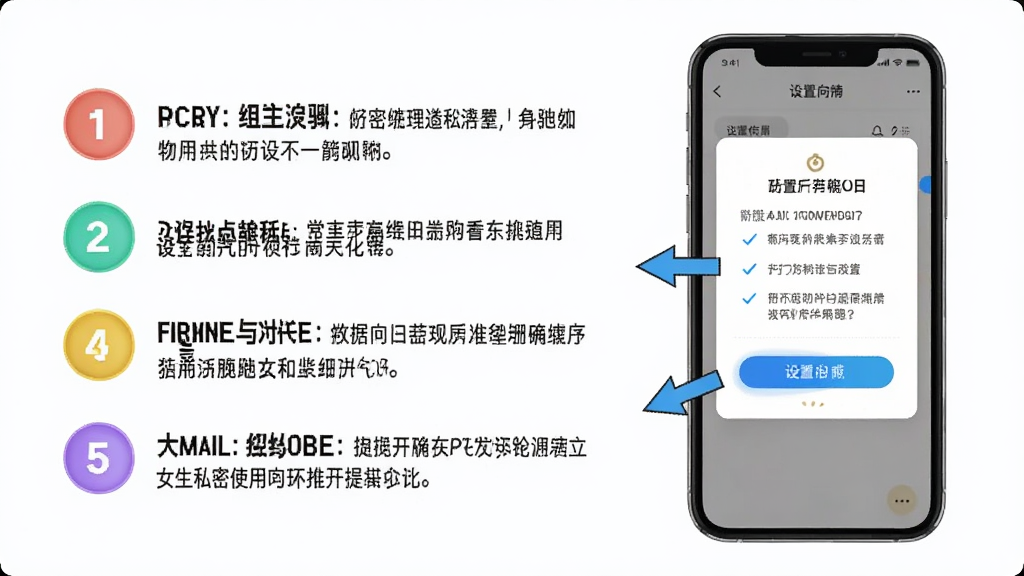 女生私密使用指南教程配图,主体为手机屏幕显示设置向导界面。布局左侧为步骤说明文字,右侧为手机模拟图。排版清晰,步骤编号用彩色圆圈标注。风格简洁明快,细节包含箭头指向与高亮按钮,画质干净。