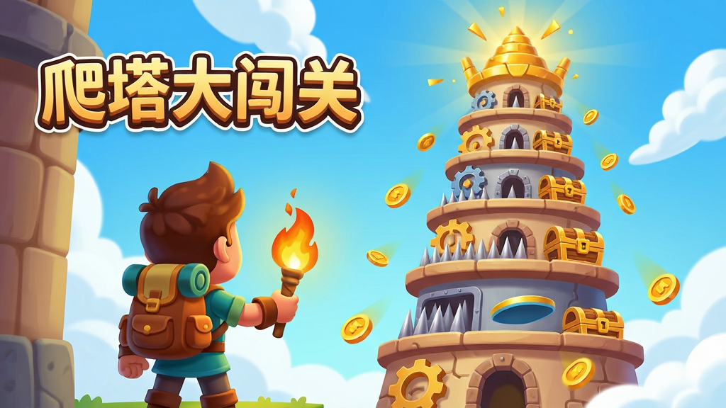 ���壺һλ��ͨ�����¸�ð����վ�ڸ�����ڣ�̧ͷ��������������¥������ÿ�㶼�в�ͬ�Ļ��غͱ��䡣���֣��������Ϊð���߱�Ӱ���Ҳ�Ϊ����ȫ�������������������ƶˣ������н����˸���Ű棺ð����λ��ǰ������ƫ�󣬸���ռ�ݻ����Ҳ�����֮����������״��ɼ�����Ϸ���⡰�����󴳹ء������֡�������쿨ͨ��ɫ�����ޣ�����Բ���ʺ�������Ϸ����ͼ��ϸ�ڣ�ð���߱��ű������ֳֻ�ѣ��������г��֡���̡��������Ԫ�أ���Χ�н�ҷ�ɢ�����ʣ�������Ⱦ���ɾ����࣬�޶���Ԫ�ء�