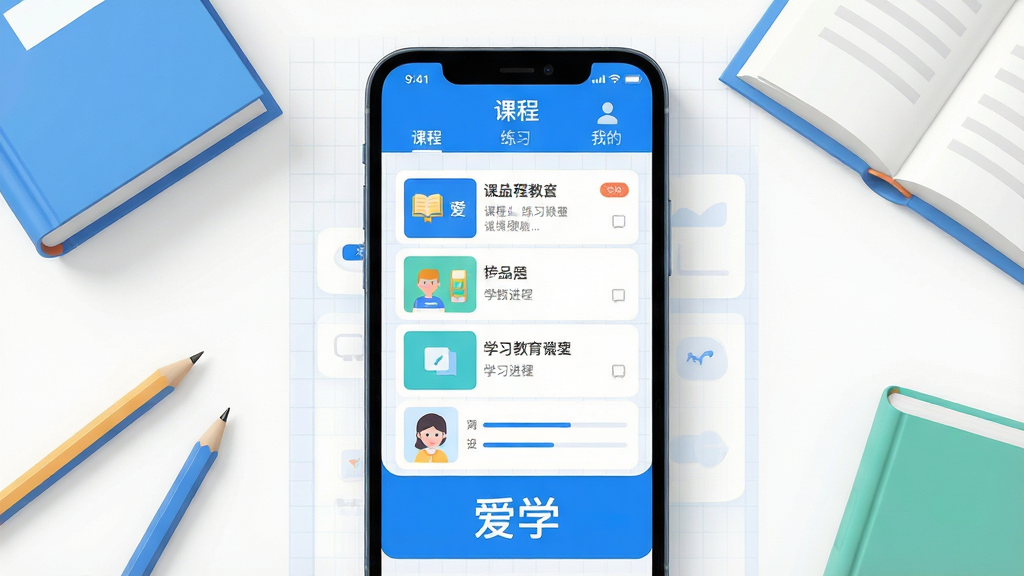 主体:一款名为“爱学”的在线教育APP界面,显示在智能手机屏幕上,周围有书本、铅笔等学习元素;布局:手机居中,屏幕内容清晰展示课程列表和学习进度,四周留白干净;排版:手机屏幕上的界面简洁,功能图标排列整齐,下方配有“爱学”字样;风格:现代扁平化设计,色彩明亮清新,以蓝色和白色为主色调;细节:屏幕上有“课程”、“练习”、“我的”等标签,背景有淡淡的网格纹理;画质:高清渲染,干净,无多余元素。