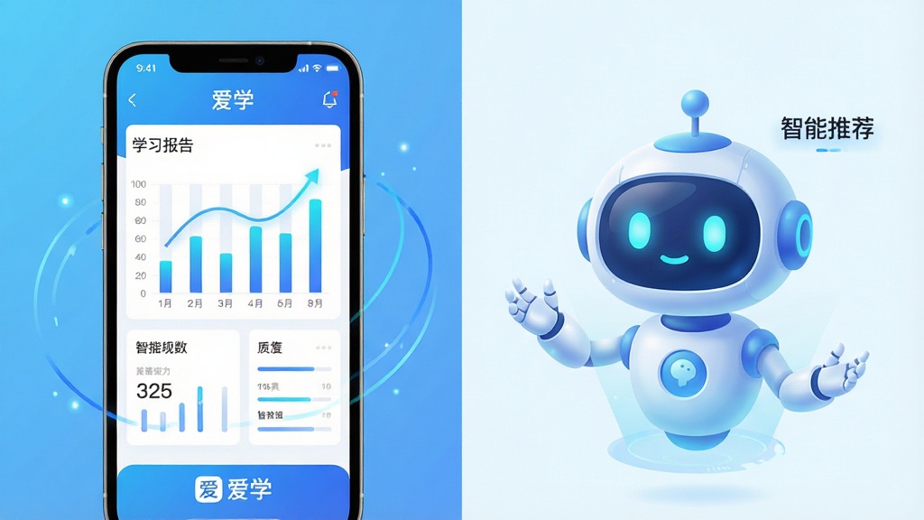 主体:AI智能规划功能展示,画面左侧为“爱学”APP的学习报告界面,右侧是机器人助手图标;布局:左右分屏,左侧手机界面显示柱状图和数据,右侧机器人悬浮,整体平衡;排版:界面简洁,数据可视化图表清晰,机器人旁有“智能推荐”文字;风格:科技感插画风,蓝色系渐变,明亮通透;细节:机器人眼睛发光,图表有动态线条,底部有“爱学”Logo;画质:高清,干净,无多余元素。