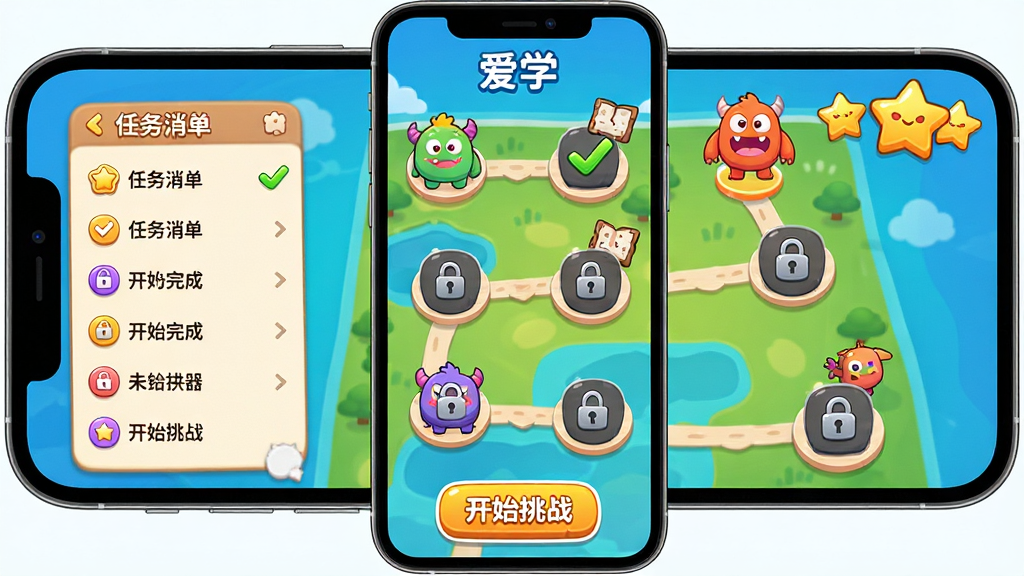 主体:趣味练习界面,手机屏幕上显示“爱学”APP的闯关地图,有多个关卡节点,每个节点上有学科图标;布局:地图从上到下延伸,左侧有任务清单,右上角显示星星奖励;排版:色彩鲜艳,节点清晰,有卡通风格的小怪兽角色;风格:游戏化设计,活泼可爱,色彩明快;细节:关卡上打勾表示完成,未解锁关卡有锁头图标,底部有“开始挑战”按钮;画质:高清,干净,无多余元素。
