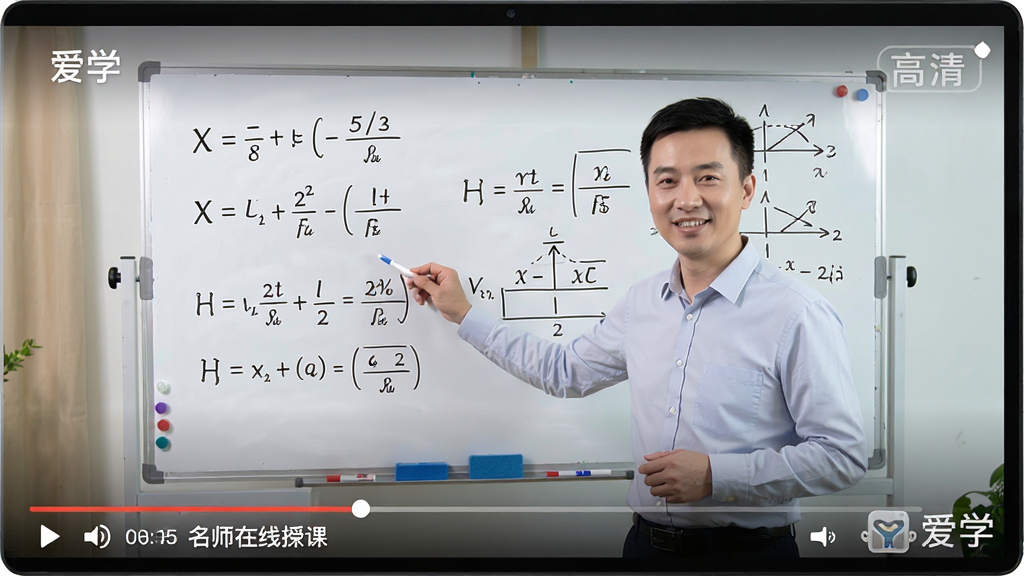 主体:名师在线授课场景,屏幕中显示“爱学”APP的课程播放页面,一位老师正在白板上讲解数学题;布局:视频画面占据主体,下方有进度条和课程标题,右上角有“高清”标识;排版:画面清晰,老师形象亲切,白板内容重点突出;风格:写实教育风格,光线柔和,色彩自然;细节:白板上有公式和图形,进度条显示播放时间,右下角有“爱学”水印;画质:高清,干净,无多余元素。