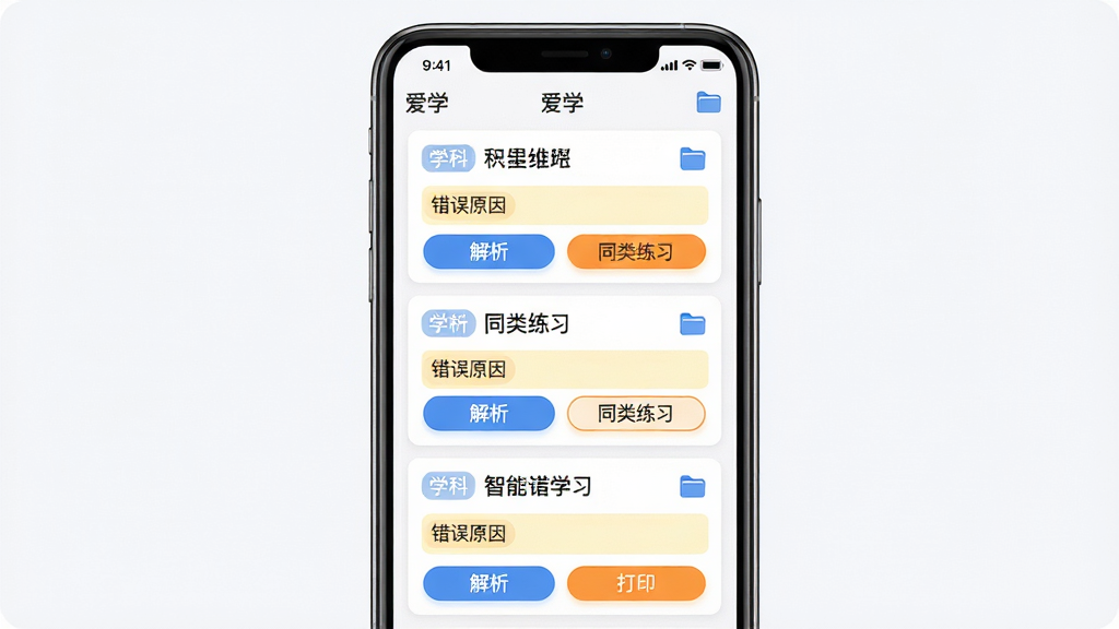 主体:智能错题本功能界面,在“爱学”APP中展示错题列表,每道题下方有“解析”和“同类练习”按钮;布局:手机界面居中,错题卡片依次排列,右侧有文件夹图标;排版:卡片式设计,题目文字清晰,解析区域用浅黄色背景突出;风格:简洁学习风,白色背景搭配蓝色和橙色点缀;细节:卡片上有学科标签和错误原因标签,底部有“打印”按钮;画质:高清,干净,无多余元素。