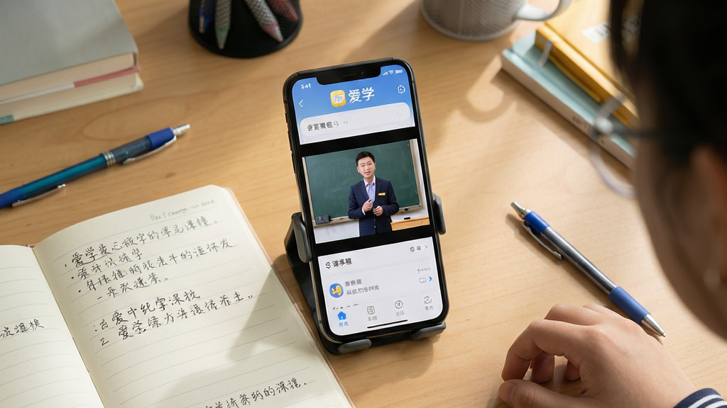 主体:一位学生正在使用“爱学”APP学习,手机放在书桌上,屏幕显示课程视频,旁边有笔记本和笔;布局:俯拍视角,手机居中,周围有学习用品,构图饱满;排版:手机屏幕清晰,视频画面是老师授课,笔记本上写有笔记;风格:写实生活风,自然光,色调温暖;细节:手机有支架,屏幕上有“爱学”Logo,笔记本页面有手写文字;画质:高清,干净,无多余元素。