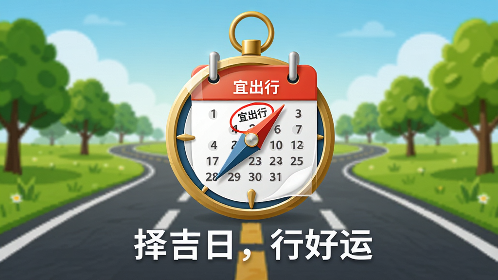 主体:一个指南针与日历结合的图标,背景有道路延伸。布局:图标居中,道路向远方延伸,两侧有绿树。排版:简洁大气,图标下方有“择吉日,行好运”字样。风格:写实与扁平结合,色彩明亮。细节:日历上有一个红色标记圈出“宜出行”字样。画质:高清,干净,无多余元素。