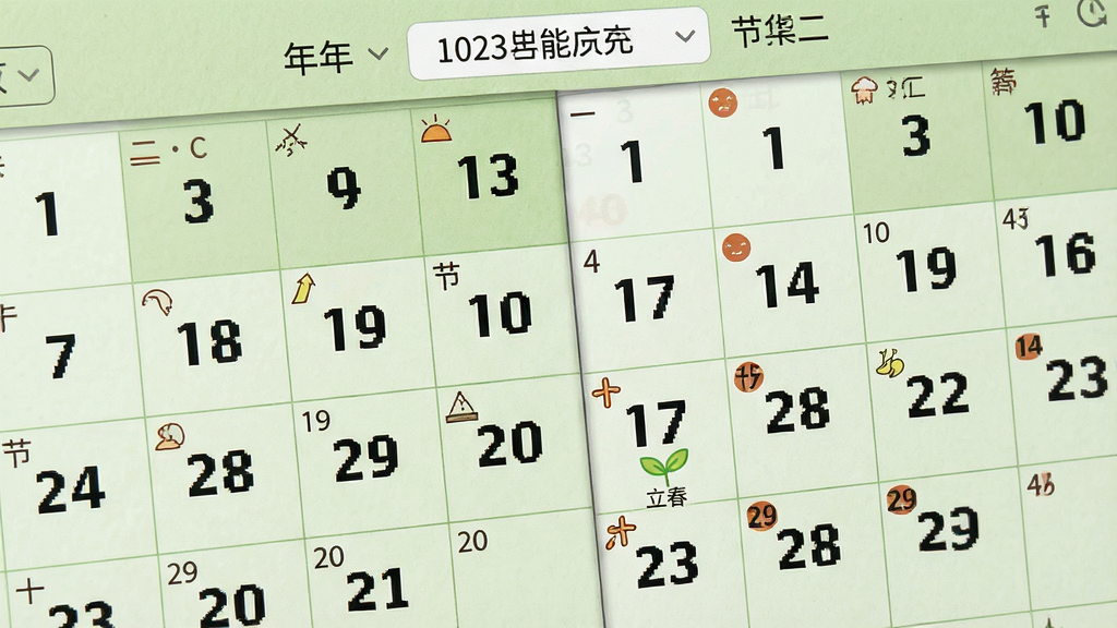 主体:日历网格特写,显示农历日期与节气标注。布局:网格状排列,日期数字大而清晰,节气用小图标标记。排版:左右滑动切换月份,顶部有年份月份选择器。风格:清新简洁,背景为浅绿色。细节:某日期下方标有“立春”二字,并配以嫩芽图标。画质:高清,干净,无多余元素。