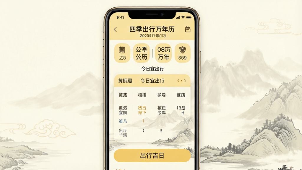主体:手机屏幕展示“四季出行万年历”应用界面,上方显示农历与公历日期,中间有黄历宜忌列表,下方有“出行吉日”按钮。布局:手机居中,界面元素垂直排列,文字清晰。排版:扁平化设计,图标简洁,色彩以淡黄与米白为主。风格:现代简约,带传统韵味。细节:屏幕中显示“今日宜出行”字样,背景有淡淡的山水画纹理。画质:高清,干净,无多余元素。