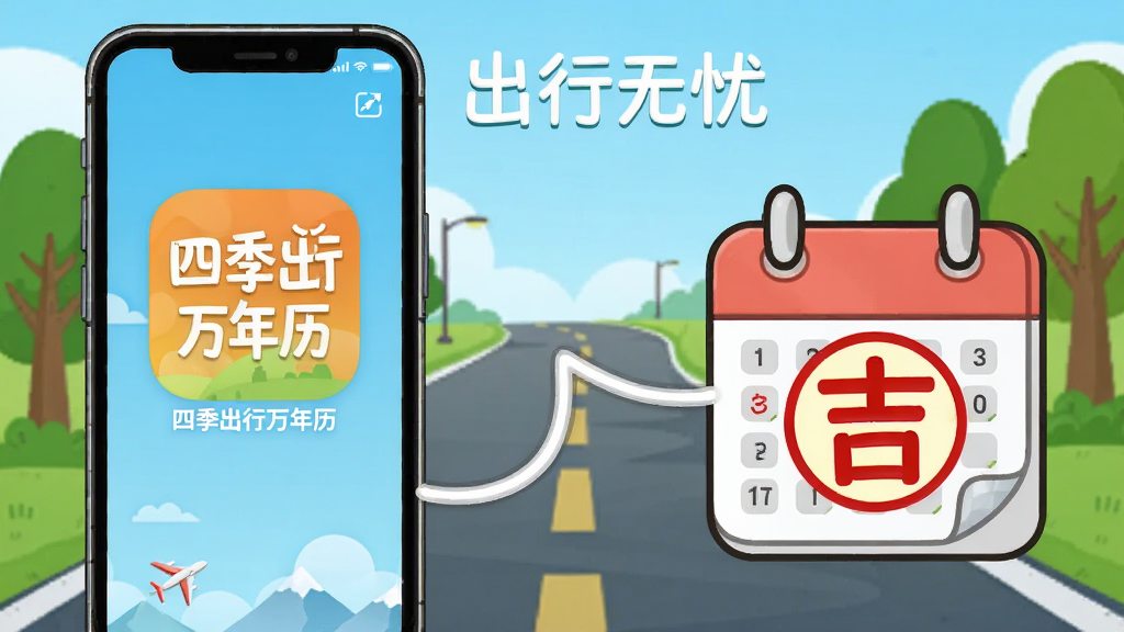 主体:一部智能手机与一个日历图标,背景有道路与绿树。布局:手机位于左侧,日历图标位于右侧,两者之间有连线。排版:简洁明快,配有“出行无忧”字样。风格:卡通插画风格,色彩明亮。细节:手机屏幕上显示“四季出行万年历”应用图标,日历上标记“吉”字。画质:高清,干净,无多余元素。