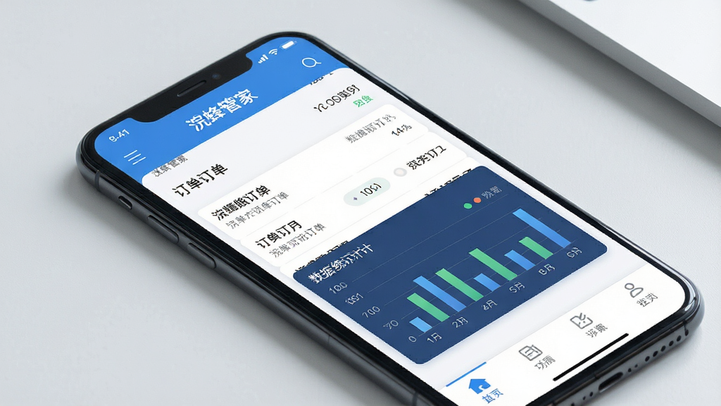 一张展示浣蜂管家软件在智能手机上运行的界面预览图,屏幕中显示清晰的订单列表、数据统计图表和功能导航栏,背景为简洁的浅灰色桌面,手机斜放,画面明亮干净,突出软件名称“浣蜂管家”,整体风格现代商务,画质细腻,干净无多余元素
