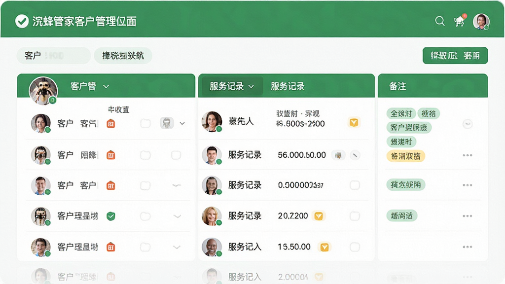 浣蜂管家客户管理界面,显示客户列表、头像、服务记录和备注标签,界面简洁,采用卡片式布局,文字清晰可见,主题色为绿色,画质干净,无多余元素