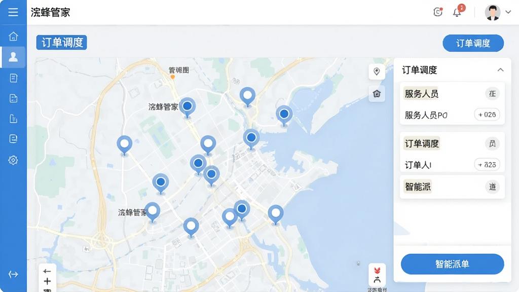 浣蜂管家软件订单调度界面截图,显示地图上的服务人员分布点、订单卡片和智能派单按钮,界面以蓝白色为主,信息层级清晰,文字标注“订单调度”,画质清晰,干净整洁