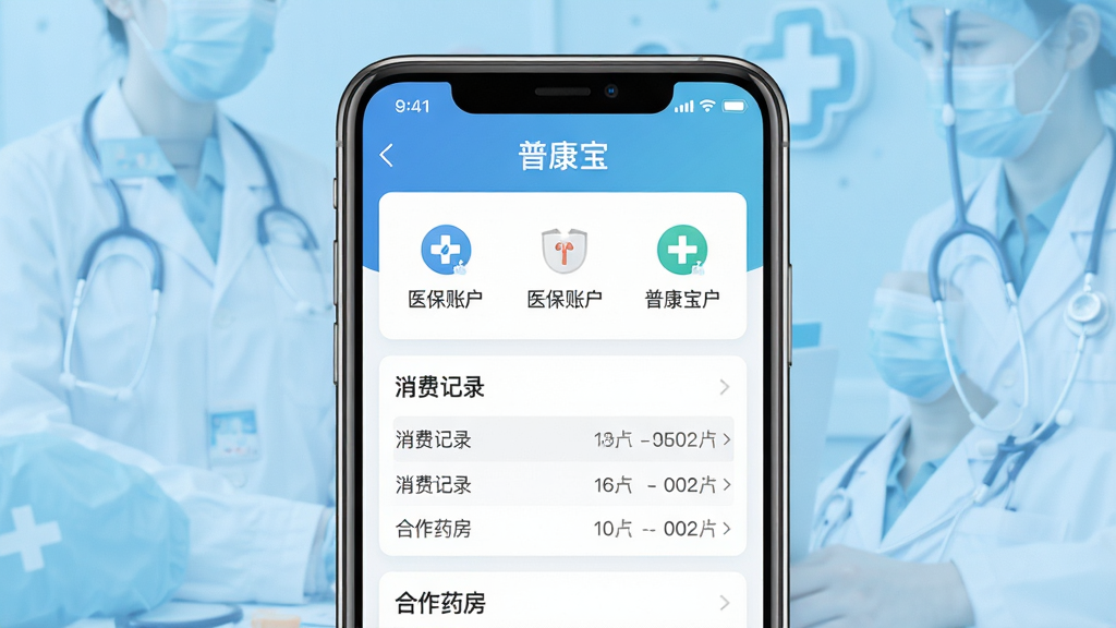 主体:普康宝手机应用界面展示,屏幕中清晰显示医保账户余额、消费记录、合作药房列表,背景为柔和的蓝色医疗健康风格。布局:手机居中,屏幕内容放大展示,四周留白。排版:界面元素整齐,文字清晰。风格:扁平化设计,健康医疗风格,干净明亮。细节:屏幕上有“普康宝”字样,功能图标精致。画质:高清,干净,无多余元素。