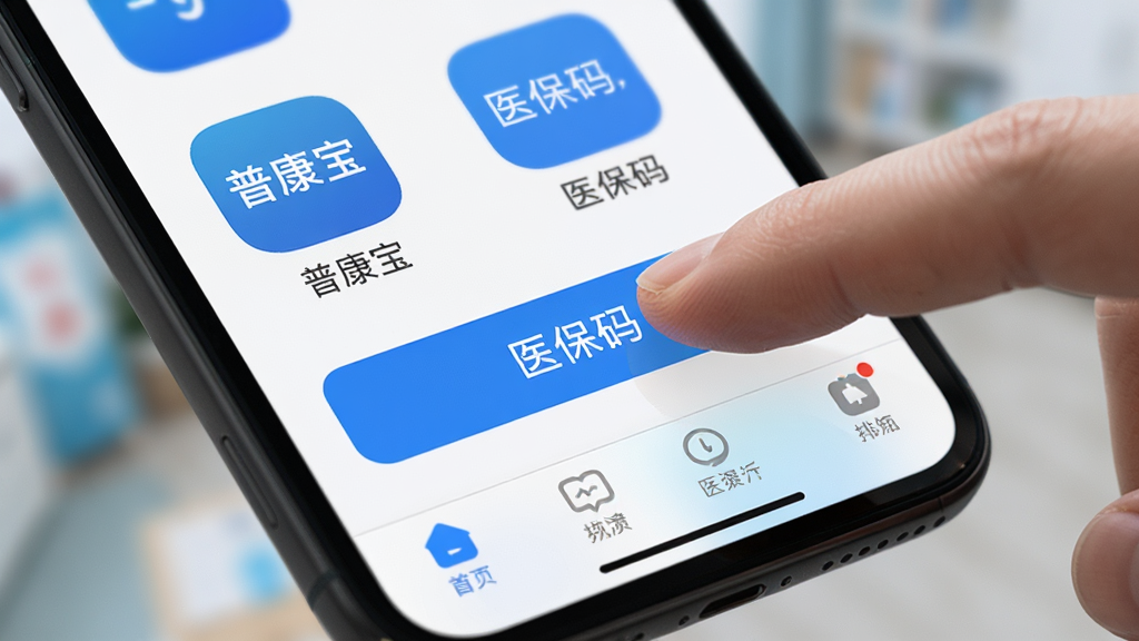 主体:普康宝手机App操作界面,手指点击“医保码”按钮。布局:手机屏幕特写,底部有导航栏。排版:界面图标圆润,文字提示清晰。风格:iOS风格,蓝色调为主。细节:屏幕上显示“普康宝”和“医保码”文字,背景虚化。画质:高清,干净,无多余元素。