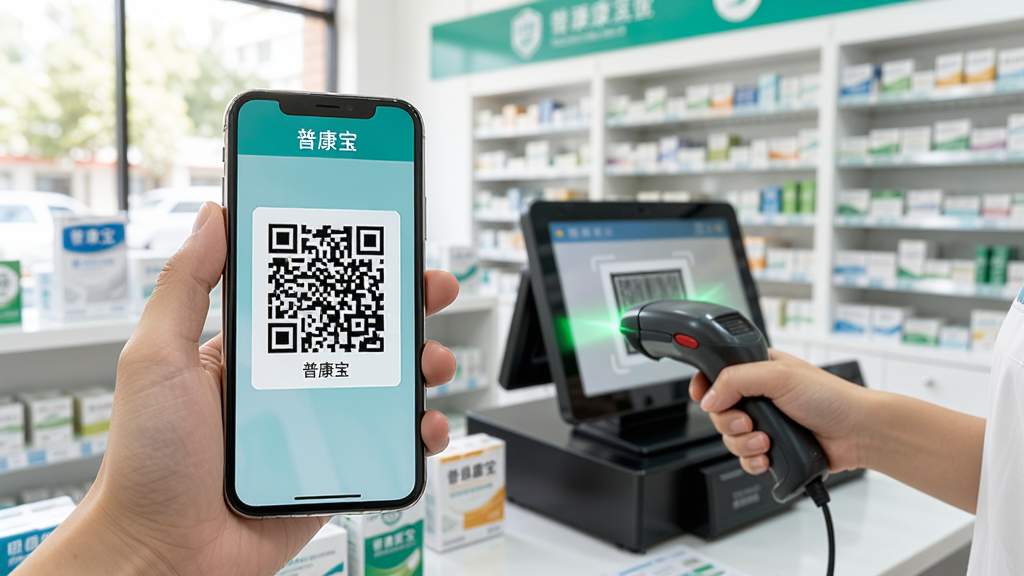 主体:用户拿着手机在药房柜台展示普康宝的医保二维码,收银员用扫码枪扫描。布局:前景为用户手机屏幕上的二维码,背景为药房货架。排版:重点突出手机二维码画面。风格:写实生活场景,自然光,色彩明亮。细节:手机屏幕上有“普康宝”字样及二维码,药房环境干净整洁。画质:高清,干净,无多余元素。