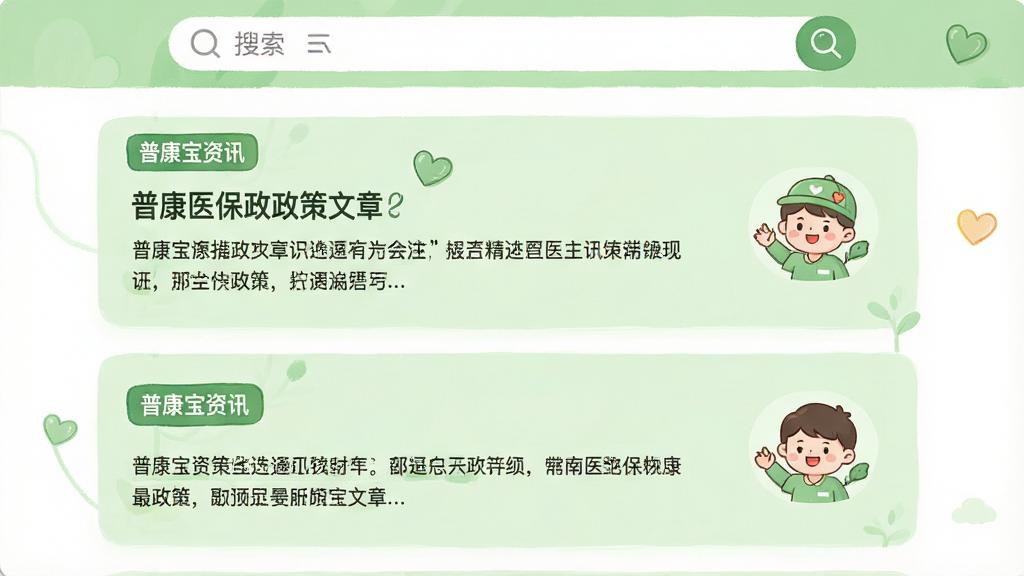 主体:普康宝资讯页面,展示医保政策文章卡片,配有标题和摘要。布局:纵向列表排列,卡片式设计。排版:左侧为文字,右侧为小图标。风格:亲和力强的插画风,搭配淡绿色。细节:顶部搜索栏,卡片上有“普康宝资讯”标签。画质:高清,干净,无多余元素。