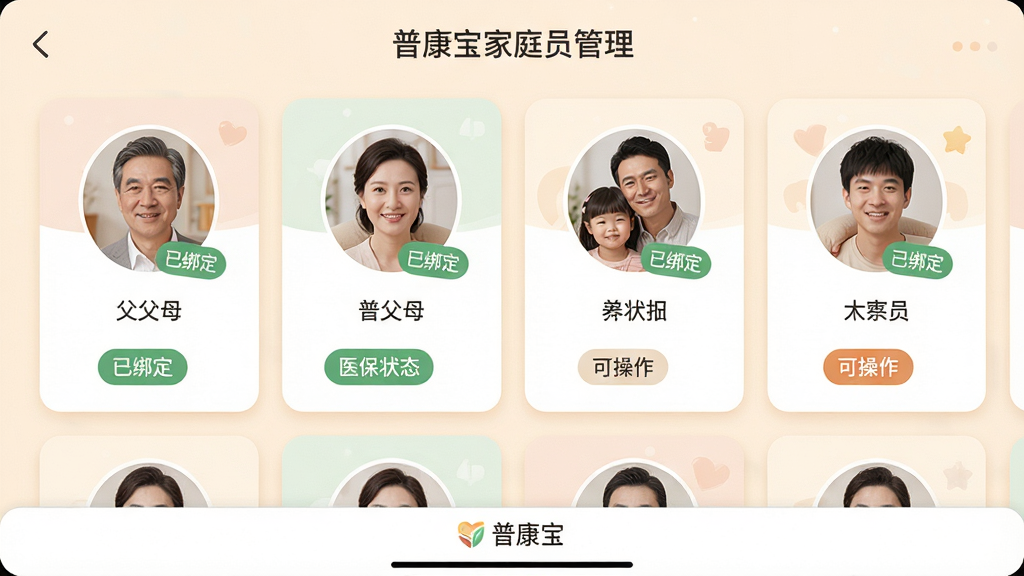主体:普康宝家庭成员管理界面,显示父母、子女的头像及医保状态标签。布局:横向排列多个家庭成员卡片。排版:每个卡片包含头像、称呼、医保状态。风格:温馨的家庭风格,色彩柔和。细节:卡片上有“已绑定”“可操作”标签,“普康宝”字样出现在底部导航栏。画质:高清,干净,无多余元素。